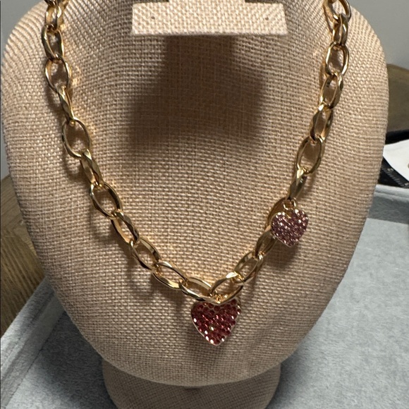 Gold Tone Chunky Chain Necklace w/ Pink Rhinestone Heart Charms (BR888/8) - Picture 2 of 5